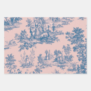 French toile de jouy blue and pink decoupage wrapping paper sheet