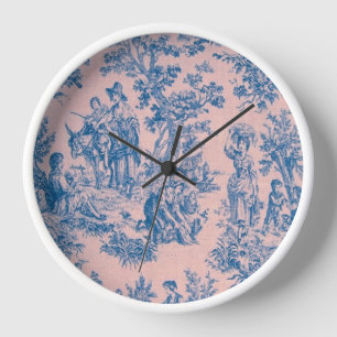 French toile de jouy blue and pink elegant clock