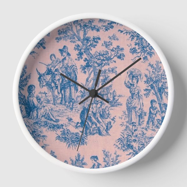French toile de jouy blue and pink elegant clock (Front)