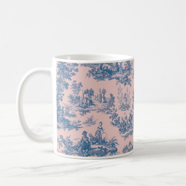 French toile de jouy blue and pink elegant coffee mug (Left)