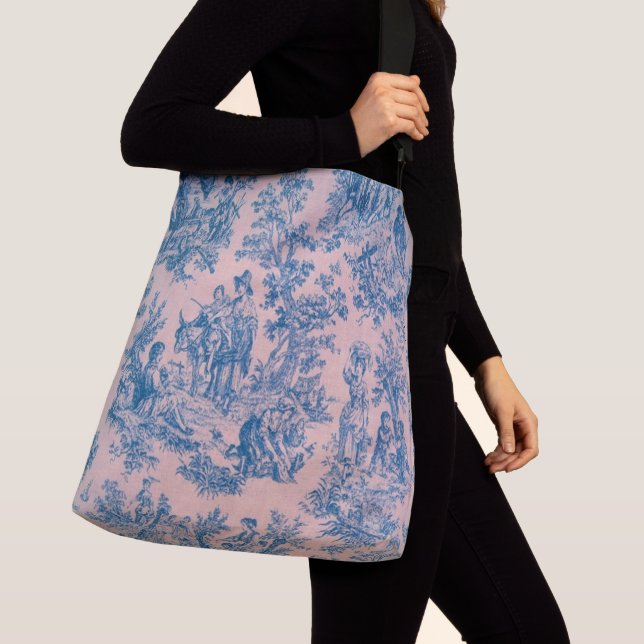French toile de jouy blue and pink elegant crossbody bag (Close Up)