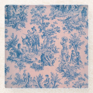 French toile de jouy blue and pink elegant glass coaster