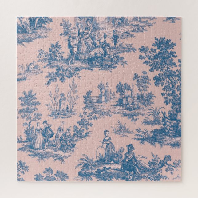 French toile de jouy blue and pink elegant jigsaw puzzle (Vertical)