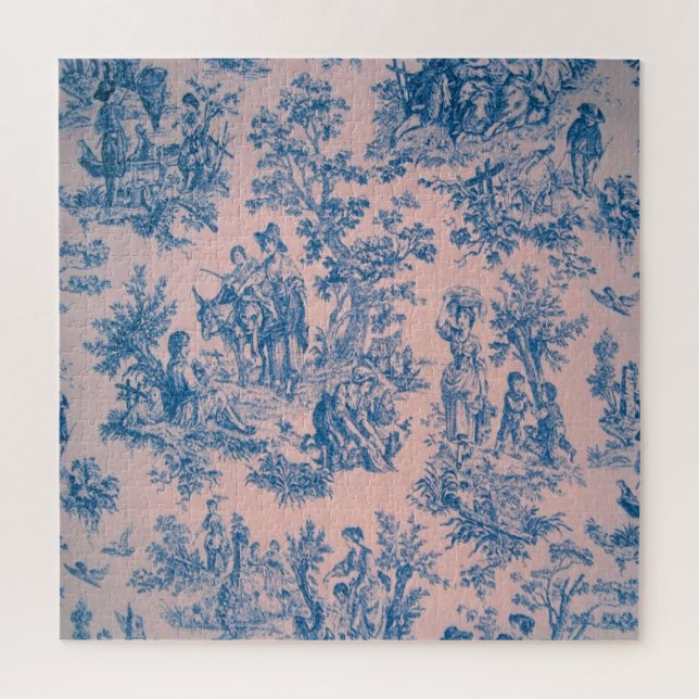 French toile de jouy blue and pink elegant jigsaw puzzle (Vertical)