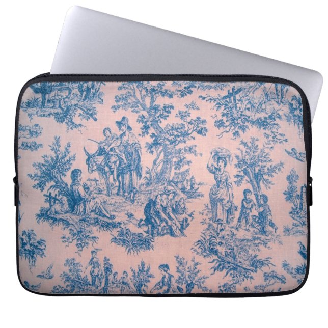 French toile de jouy blue and pink elegant laptop sleeve (Front)