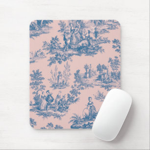 French toile de jouy blue and pink elegant mouse pad