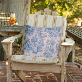 French toile de jouy blue and pink elegant patio cushion