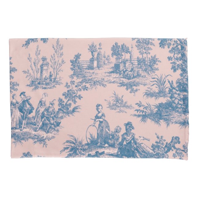 French toile de jouy blue and pink elegant pillowcase (Front)
