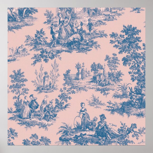 French toile de jouy blue and pink elegant poster (Front)