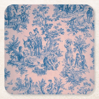 French toile de jouy blue and pink elegant square paper coaster