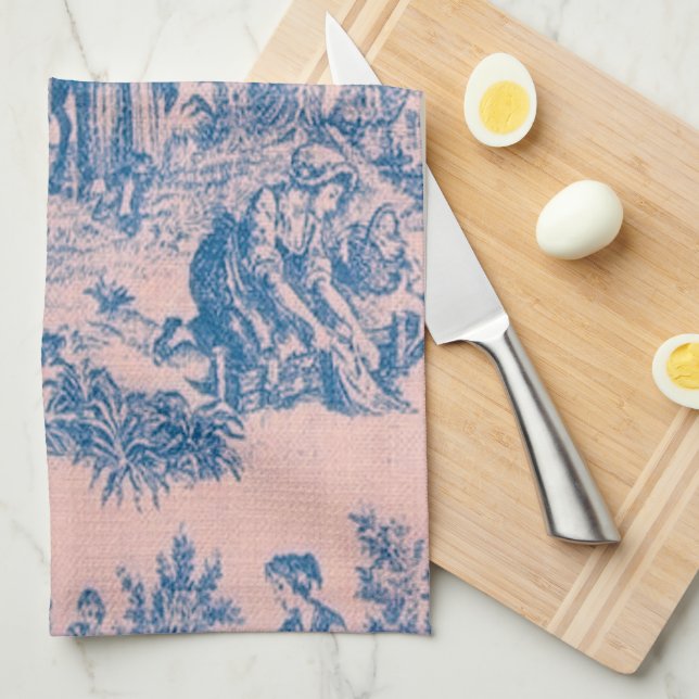 French toile de jouy blue and pink elegant tea towel (Quarter Fold)