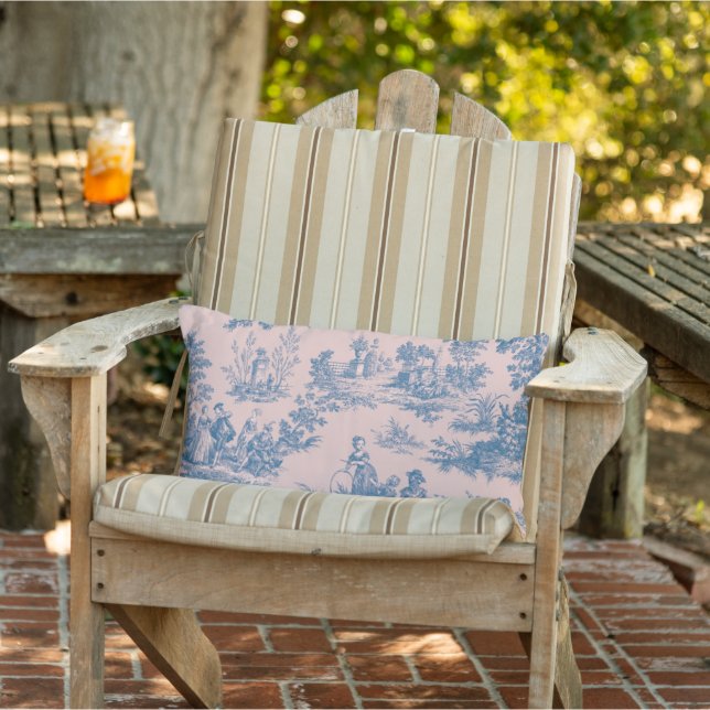 French toile de jouy blue and pink patio outdoor lumbar cushion (Chair)