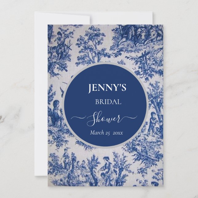 French Toile de Jouy Blue and White Bridal Shower Invitation (Front)