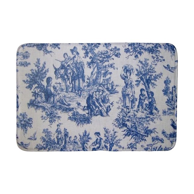 French toile de jouy blue and white elegant bath mat (Front)