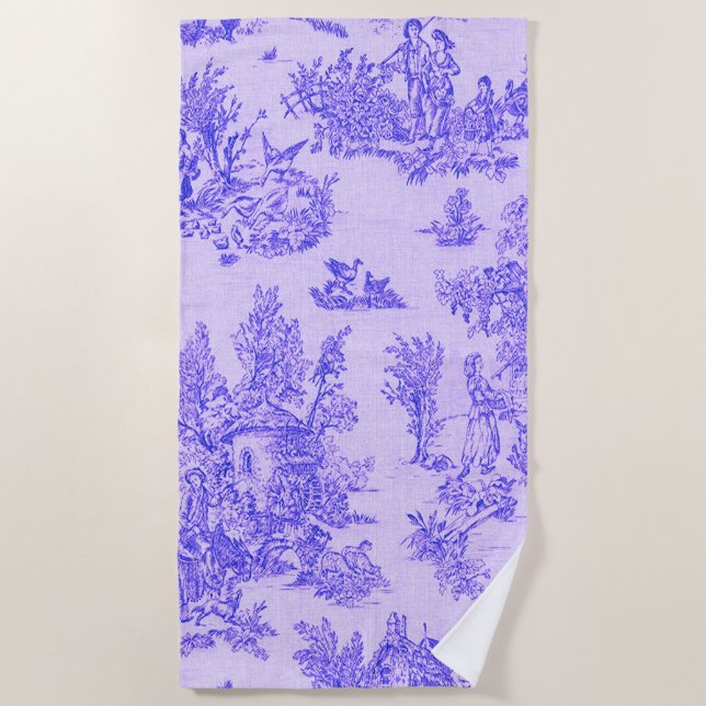 French toile de jouy blue and white elegant beach towel (Front)