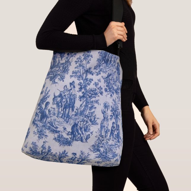 French toile de jouy blue and white elegant crossbody bag (Close Up)