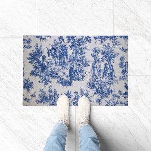 French toile de jouy blue and white elegant doormat