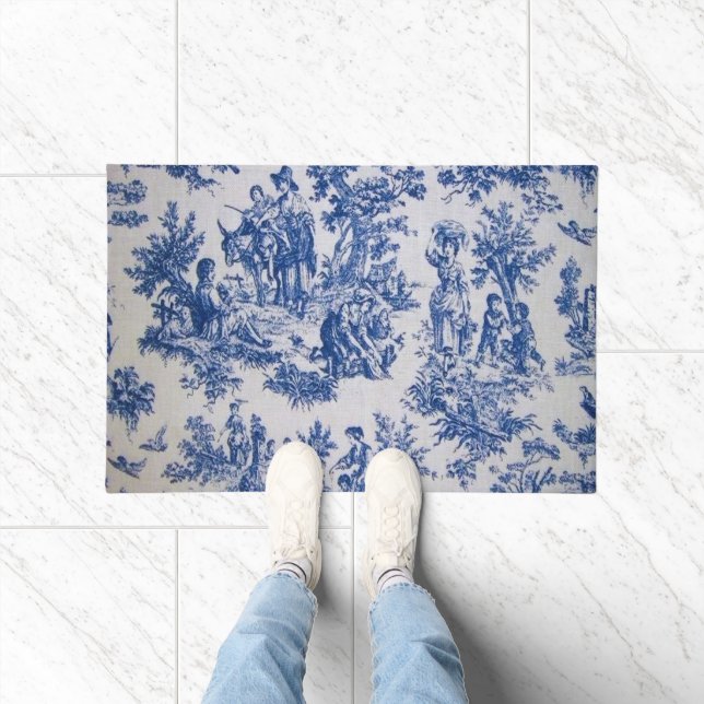 French toile de jouy blue and white elegant doormat (Indoor)
