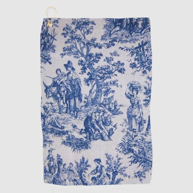 French toile de jouy blue and white elegant golf towel (Front)