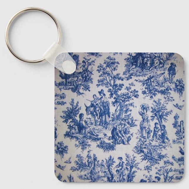 French toile de jouy blue and white elegant key ring (Front)