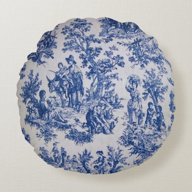 French toile de jouy blue and white elegant round cushion (Front)