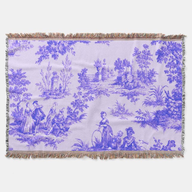 French toile de jouy blue and white elegant throw blanket (Front)