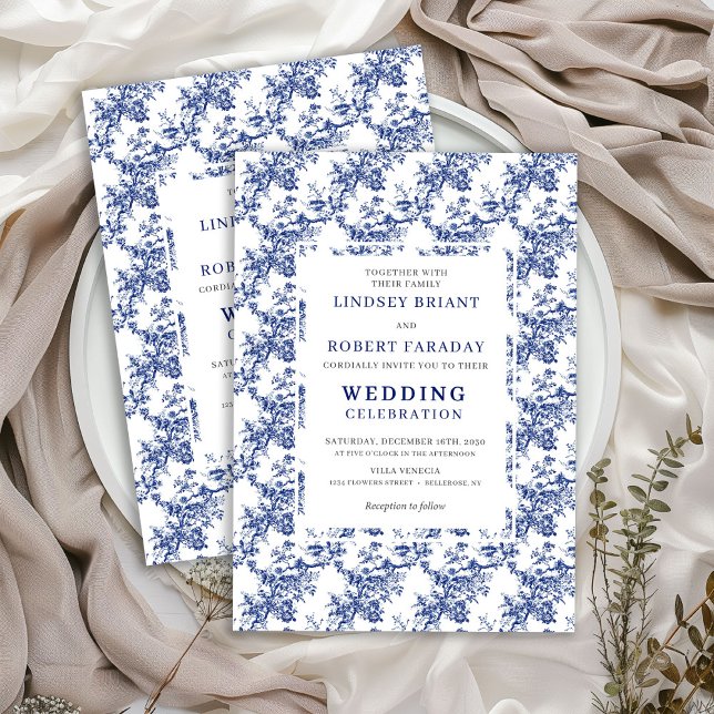 French Toile de Jouy Blue Floral Wedding Invite (Elegant Blue Toile Floral Wedding Invitation Design)