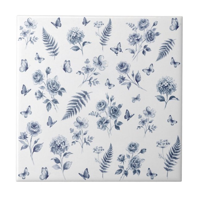 French Toile de jouy blue pattern Chinoseirie Ceramic Tile (Front)