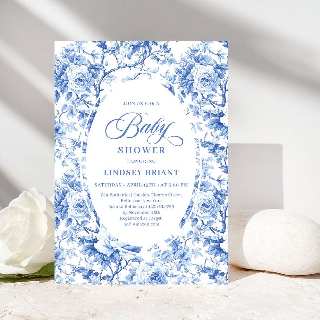 French Toile de Jouy Blue Roses Baby Shower Invite (French Toile de Jouy Blue Roses Baby Shower Invitation)