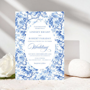 French Toile de Jouy Blue Roses Elegant Wedding  Invitation