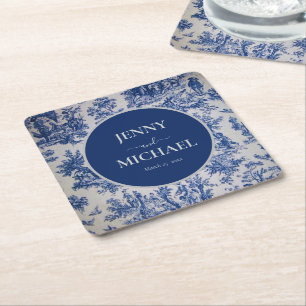 French Toile de Jouy Blue White Elegant Wedding  Square Paper Coaster