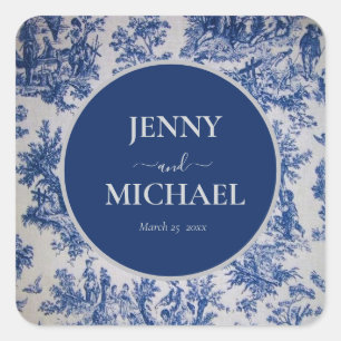 French Toile de Jouy Blue White Elegant Wedding Square Sticker