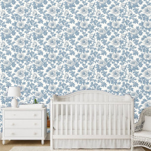 French Toile De Jouy Decor Blue Chic Floral Garden Wallpaper