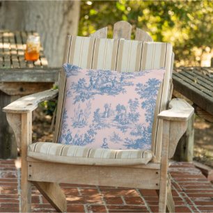 French toile de jouy pink and blue elegant patio cushion