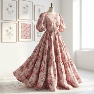 French Toile de Jouy Pink Floral Rococo Rose Theme Fabric
