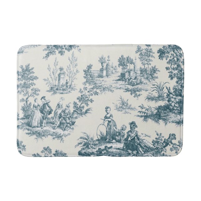 French toile de jouy sage green elegant bath mat (Front)