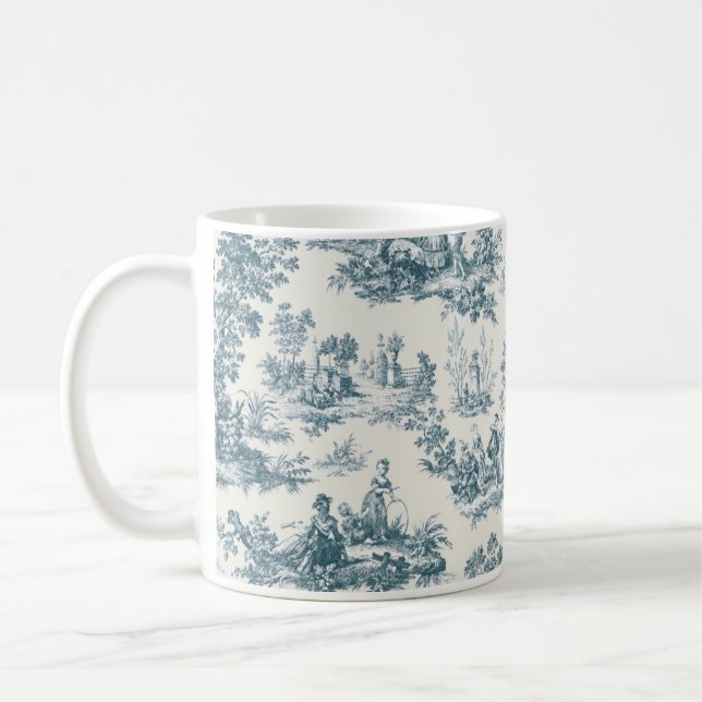 French toile de jouy sage green elegant coffee mug (Left)