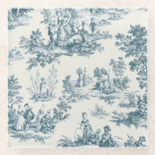 French toile de jouy sage green elegant glass coaster