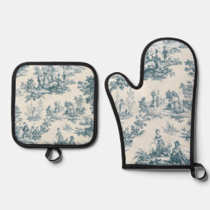French toile de jouy sage green elegant oven mitt & pot holder set