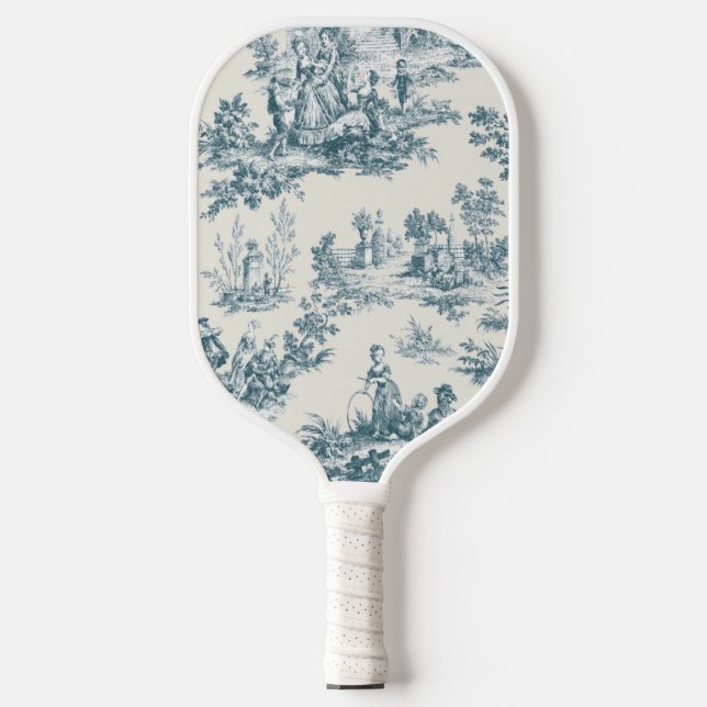 French toile de jouy sage green elegant pickleball paddle (Front)