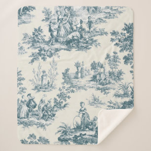 French toile de jouy sage green elegant sherpa blanket