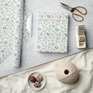 French Toile de Jouy Sage Green Vintage Floral Wrapping Paper