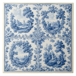 French Toile De Juoy Pastoral Rustic Country Blue  Ceramic Tile