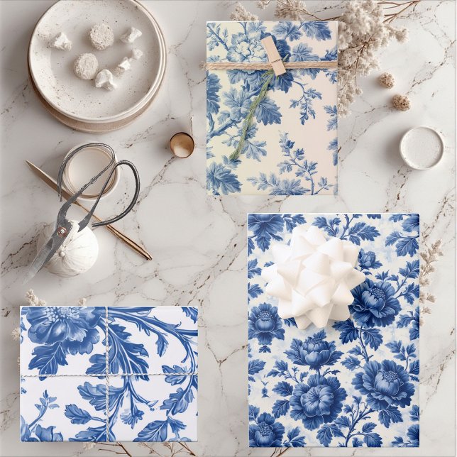 French Toile Dreamy Blue Engraved Floral Grandeur Wrapping Paper Sheet (Luxurious French Toile Dreamy Blue Engraved Floral Wrapping Paper Sheets)