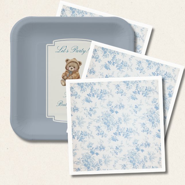 French Toile Dusty Blue Floral Baby Shower Napkin (Creator Uploaded)
