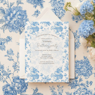 French Toile Floral Bear 1st birthday Invitation