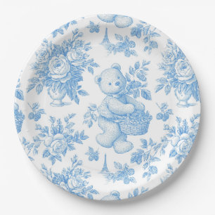 French Toile Floral Bear Baby Shower Paper Plate