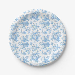French Toile Floral Bear Baby Shower Paper Plate