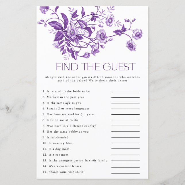 French Toile Floral Find the Guest Bridal Game (Front)