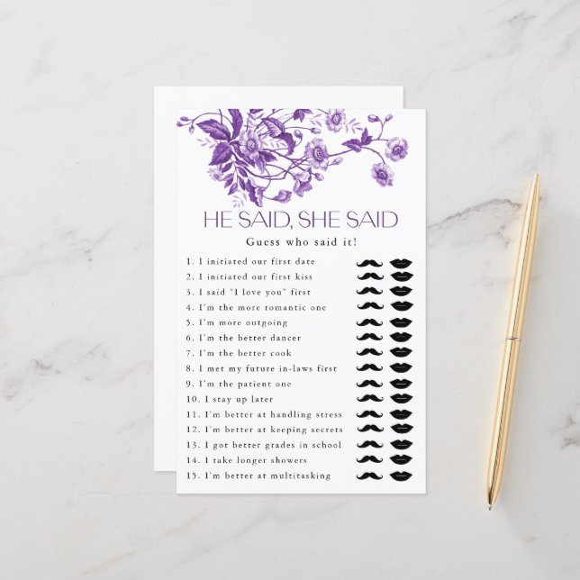 French Toile Floral He Said She Said Bridal Game (Front/Back In Situ)